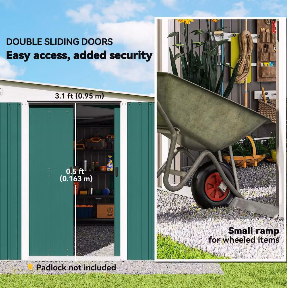 STILVORA Green Galvanised Steel Pent Garden Storage Shed with Double Sliding Doors and Side Vents, W/D/H: 345 x 333 x 201 cm – 5