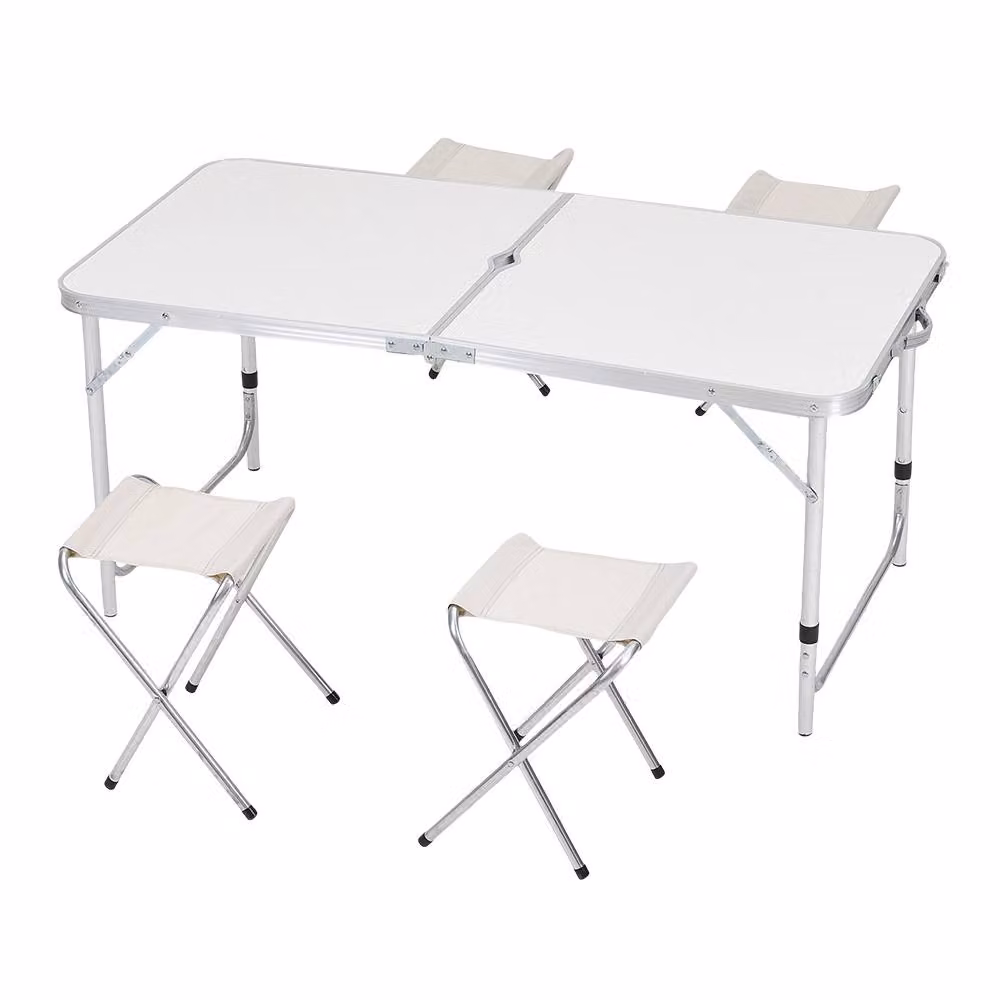 Living and Home Portable Folding Picnic Table and 4 Stools Set in White Powder Coated Aluminium – 5