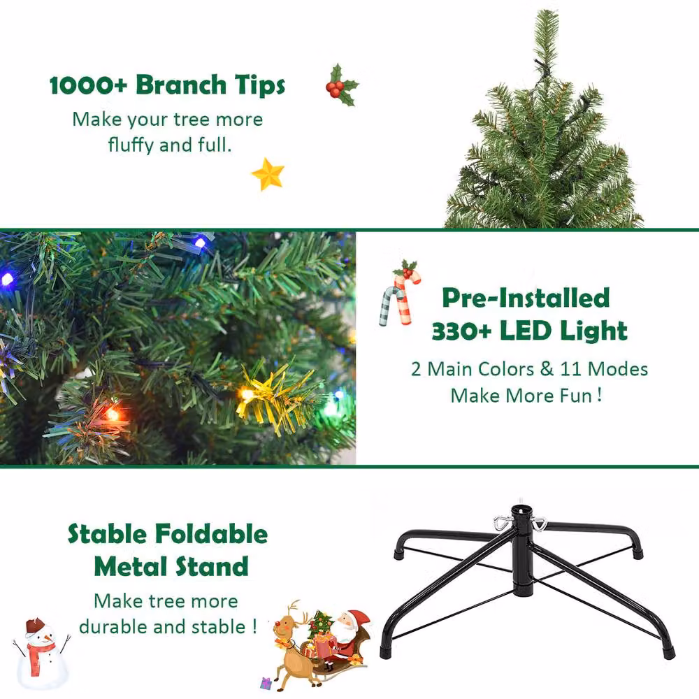 Gymax 180 cm Pre-Lit Artificial Christmas Tree with 350 Multicolour LED Lights in Green – 5