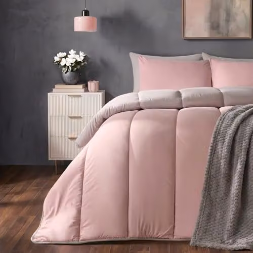 OHS Single Coverless Reversible Microfibre Duvet and Pillowcase Set, 10.5 Tog, Pink and Grey, W: 135 cm, L: 200 cm – 1
