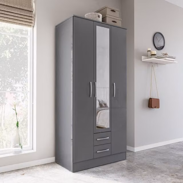 Birlea Modern Glossy Grey Sliding Door Wardrobe with Mirror and Internal Shelves