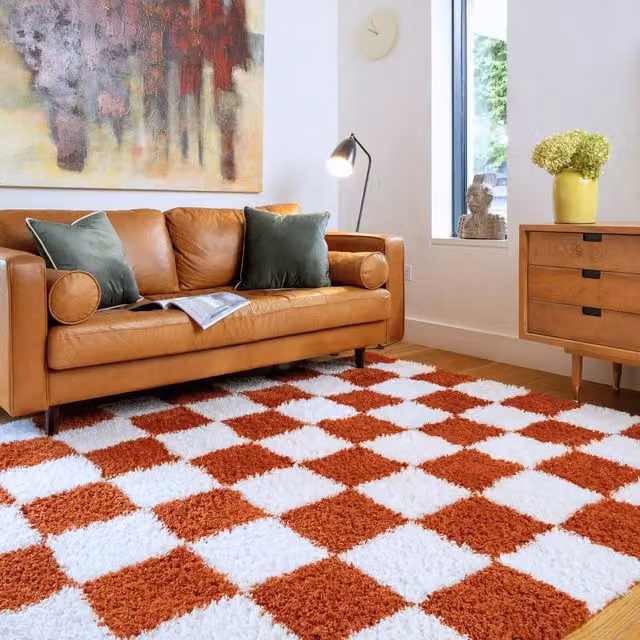 Kukoon Checkerboard Shaggy Living Room Area Rug in Terracotta and Beige, W: 120 cm, L: 170 cm