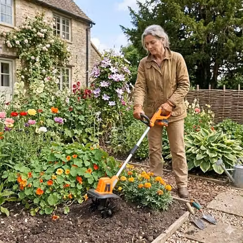 Lazy Tools Cordless 20V Soil Tiller Cultivator in Orange with 4.0Ah Rechargeable Battery and Charger – 4
