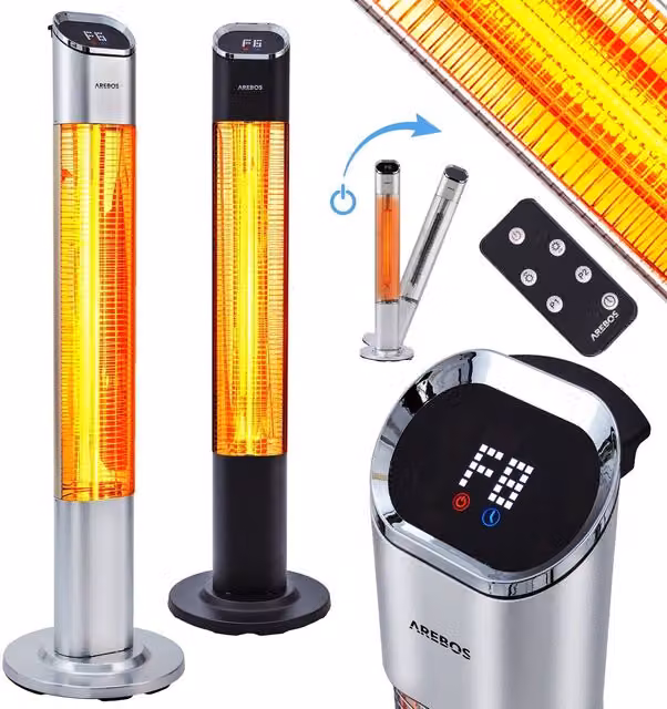 AREBOS Silver Stainless Steel Patio Heater with Remote Control and Digital Display