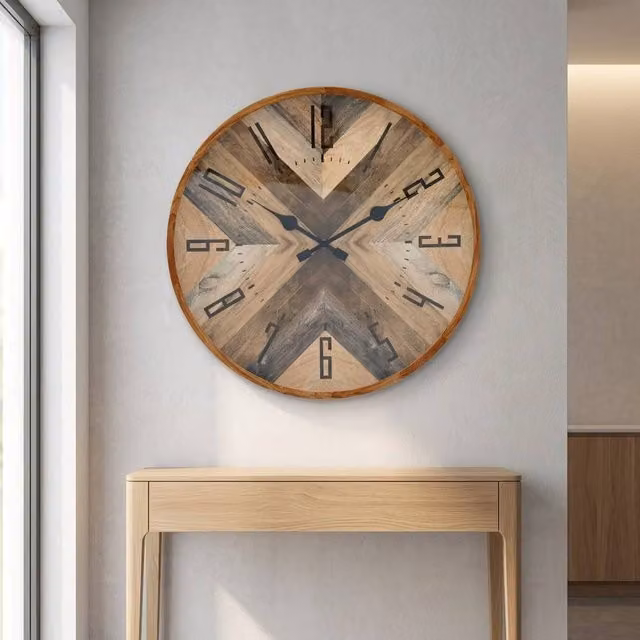 Garden Greatness Modern Geometric Round Analogue Wall Clock in Brown and Multicolour Wood