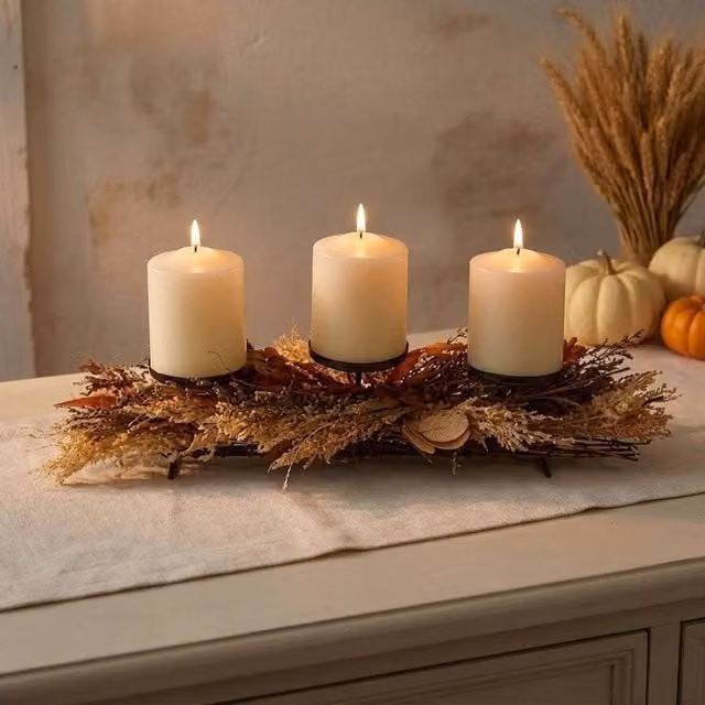 Garden Greatness Multicolour Dried Autumn Mixed Leaf Centrepiece Candle Holder for Tealights and Pillar Candles