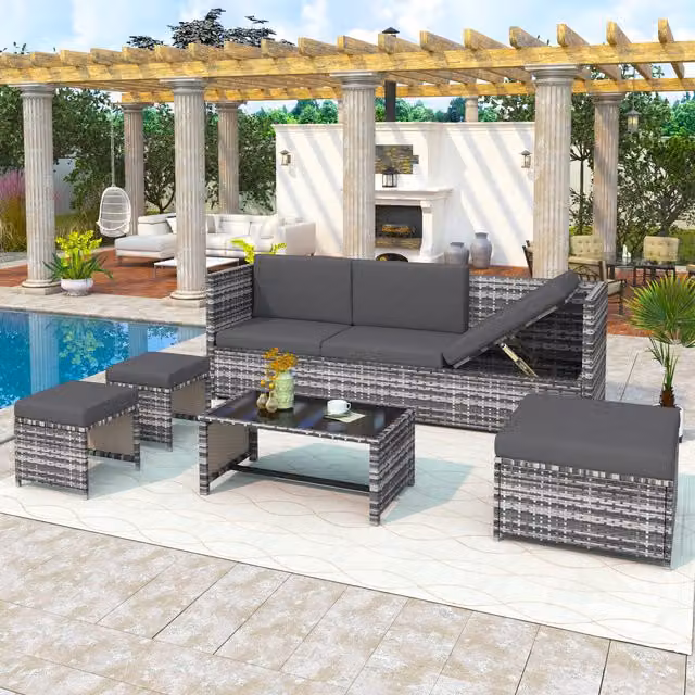 SONARA L-Shape Grey Polyrattan Garden Furniture Set with Coffee Table and Ottoman