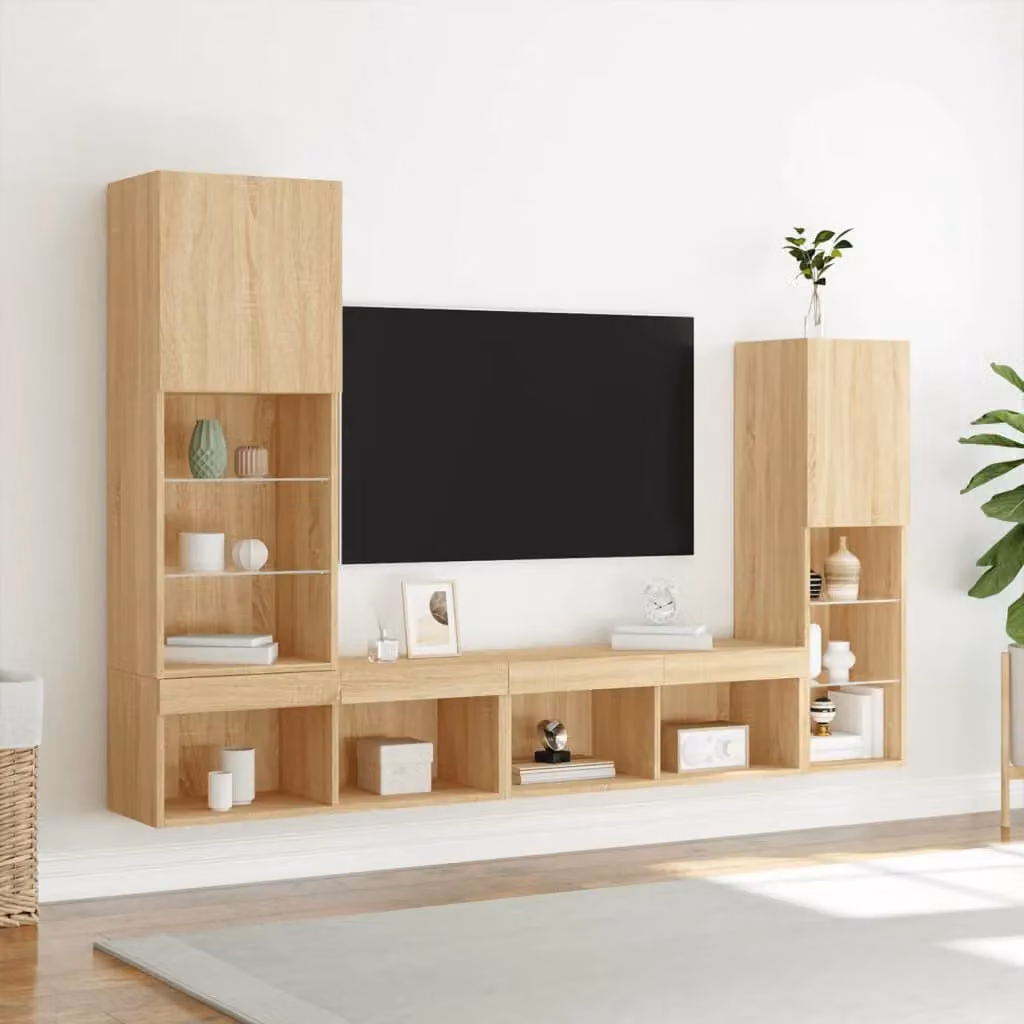 Berkfield Home 4 Piece Modern Wall Mounted TV Unit Set with Integrated LED Lighting in Sonoma Oak Brown – 2