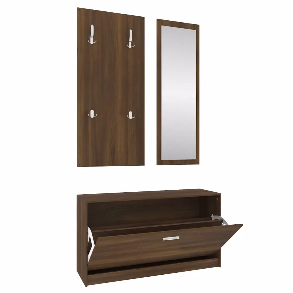 Berkfield Home 3-in-1 Shoe Cabinet, Mirror and Wall Rack Set in Brown Oak – 2