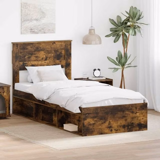 Berkfield Home Bed Frame with Storage in Smoked Oak and Brown Solid Pine Wood, W/D/H: 100 x 200 cm – 1