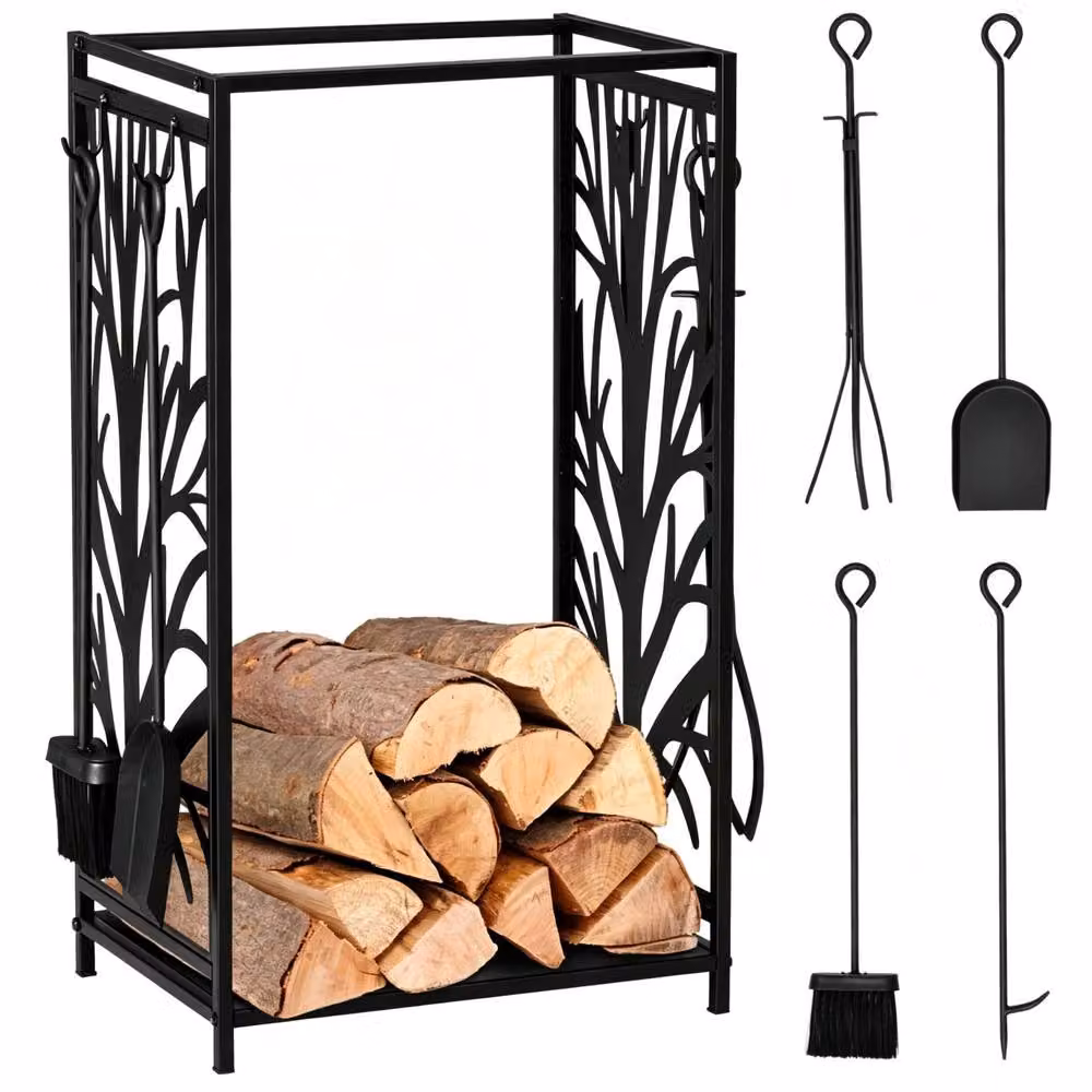 STILVORA Black Steel Firewood Log Holder with 4 Tools, W/D/H: 70.0 x 46.0 x 30.0 cm – 5
