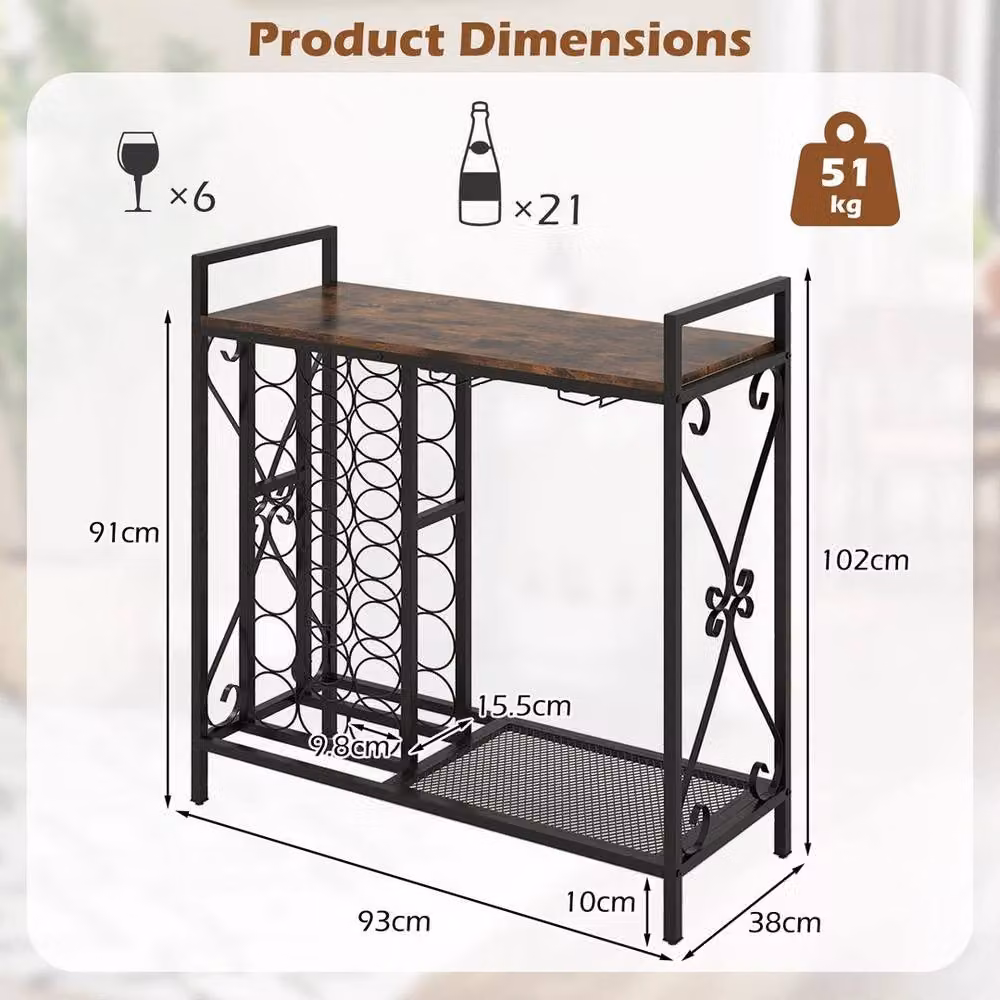 KORVIXA Rustic Brown Metal and Wood Kitchen Liquor Stand with Storage Shelf, W/D/H: 100 x 100 cm – 2