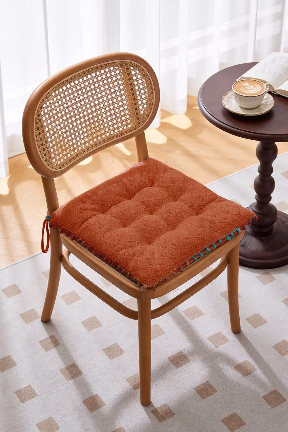 Living and Home Bohemian Style Quilted Square Chair Cushion with Tassels in Orange, W/D/H: 40 x 40 x 40 cm – 3