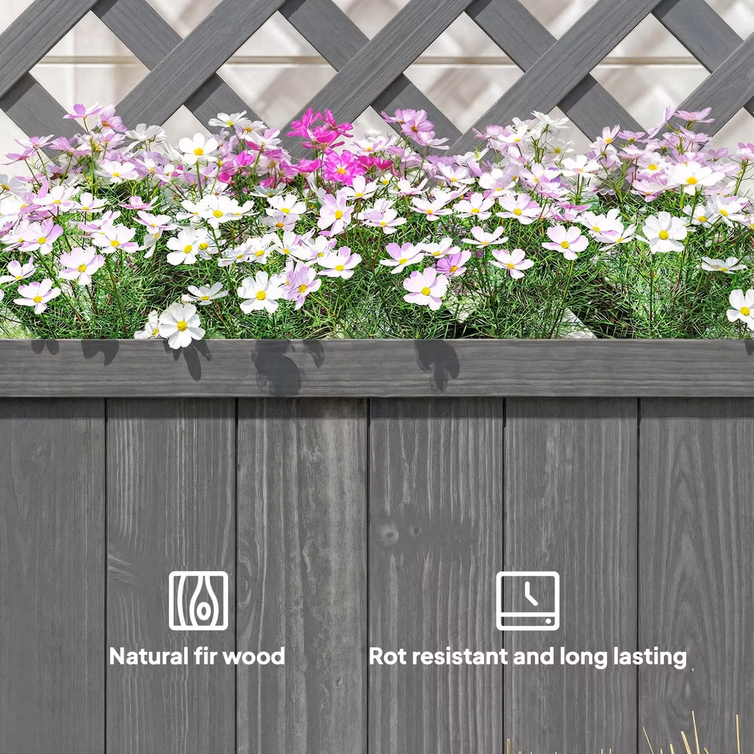 Outsunny Grey Wooden Raised Bed Planter with Trellis for Climbing Plants, Herbs and Flowers, W/D/H: 149.5 x 72.5 x 31.5 cm – 6
