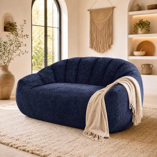 STILVORA 2 Seater Blue and Silver Fabric Bean Bag Sofa with Armrests