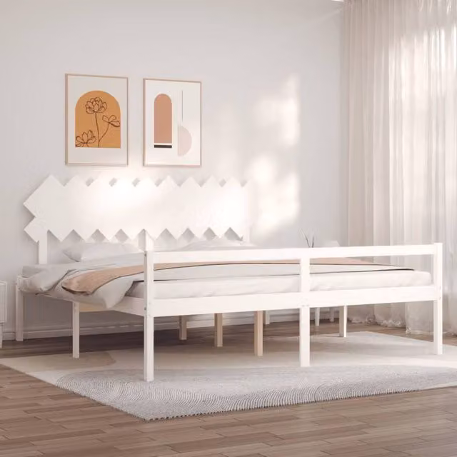 Berkfield Home White Solid Pine Wood Bed Frame with Headboard 200 x 200 cm