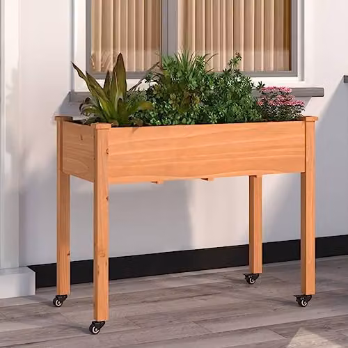 vidaXL Wheeled Planter with Liner in Brown Solid Fir Wood, W: 118 cm, D: 59 cm, H: 80 cm – 2