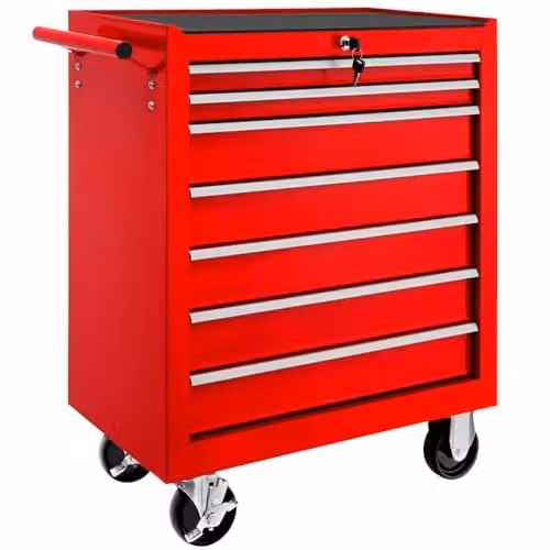 tectake Lockable and Rollable Steel Tool Chest with 7 Drawers, Red – 1