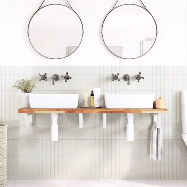 Berkfield Home Elegant Wall Mounted Basin Shelf in Brown Acacia Wood and Steel – 1