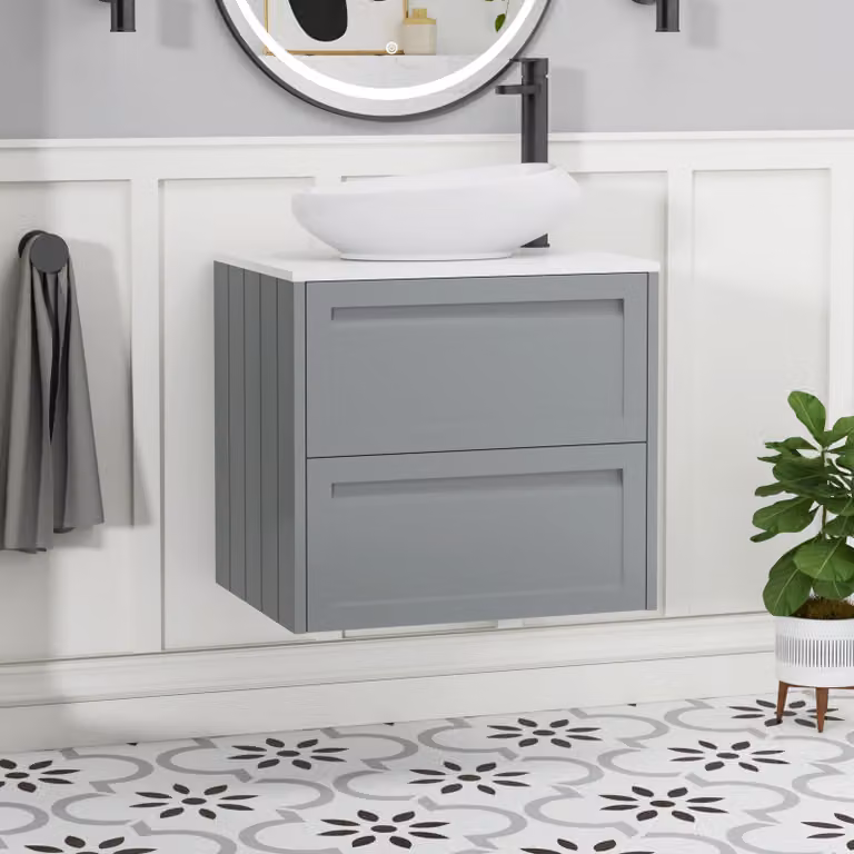 Royal Bathrooms Elmore Wall Hung Vanity Unit with Nova Basin, Matt Pebble Grey and Plain White Worktop, 600mm