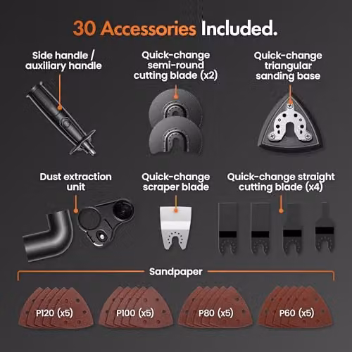 VonHaus 300W Oscillating Multitool in Black with 30pc Accessory Kit and Hard Shell Case – 6