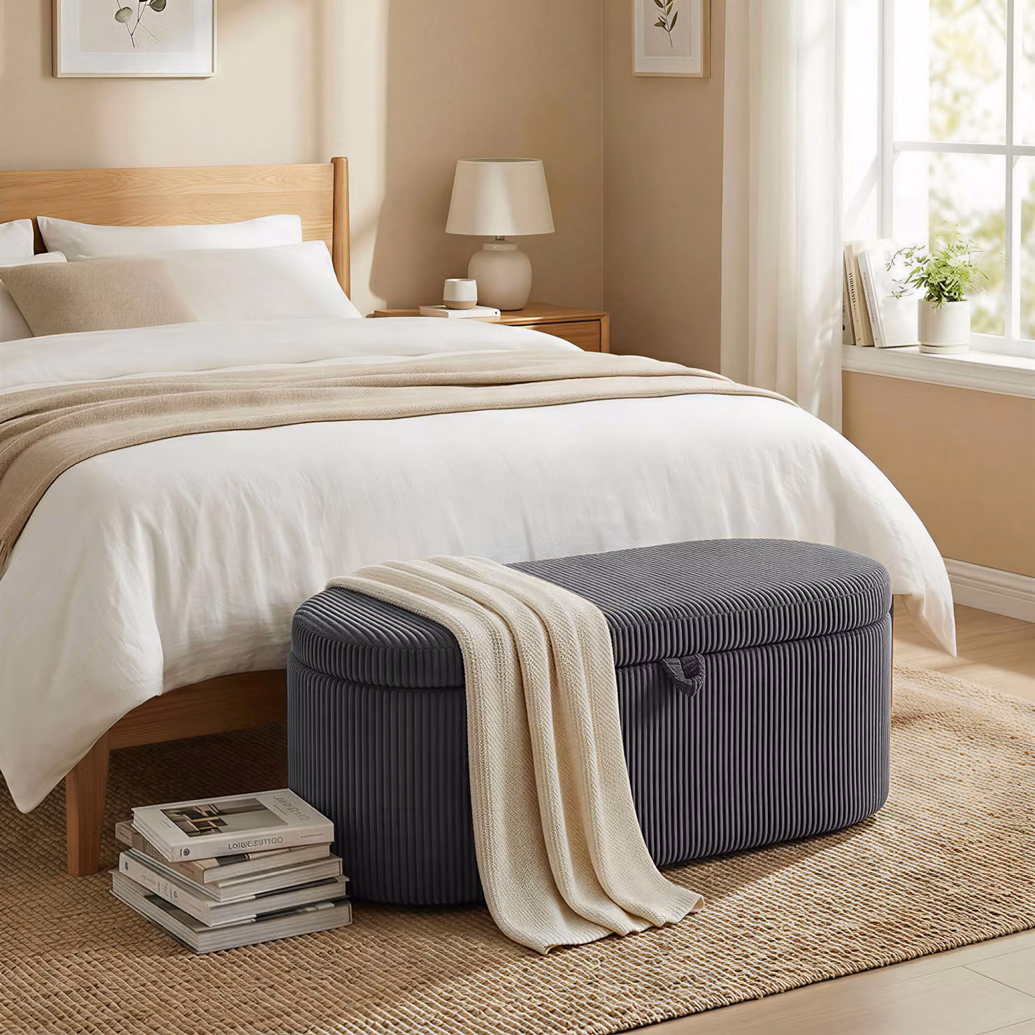 HOMCOM Corduroy Upholstered Storage Ottoman with Padded Seat, Grey, W: 105 cm, D: 51 cm, H: 49 cm – 2