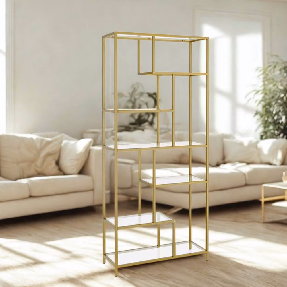 Pirlo Plush 6 Tier Gold Tempered Glass and Metal Shelving Unit H 180 x W 30 x D 30 cm – 2