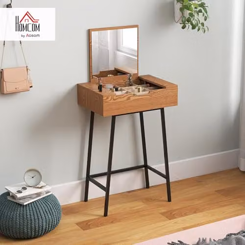 HOMCOM Industrial Dressing Table with Flip-Up Mirror and 16 Compartments in Natural Wood Effect, Black and Brown, W/D/H: 90 x 40 x 75 cm – 2