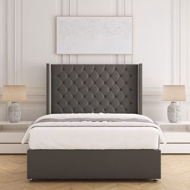 BSSPOKE Winchester Grey Plush Velvet Divan Bed Set with Chesterfield Headboard and Mattress, W/D/H: 90 x 190 x 91.44 cm