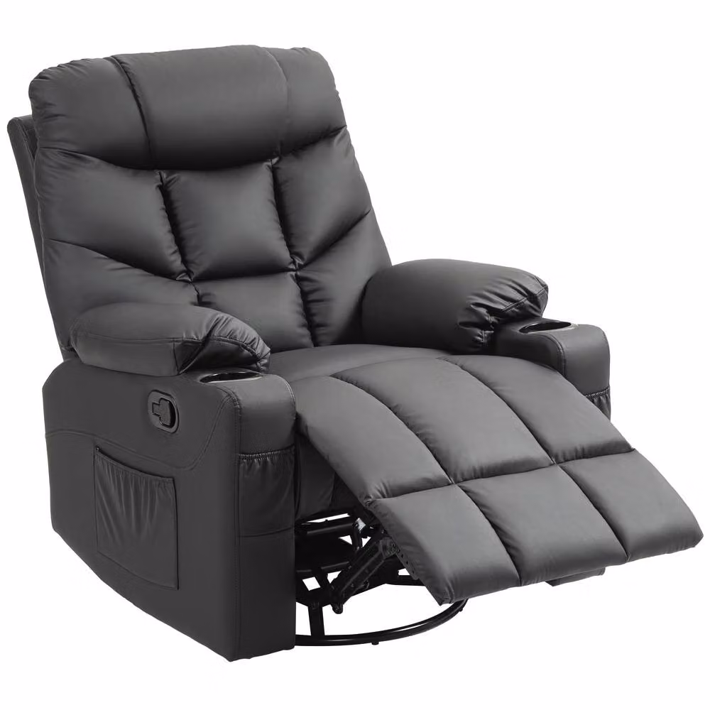 STILVORA Black Synthetic Leather Recliner Armchair with Swivel and Cup Holders – 3