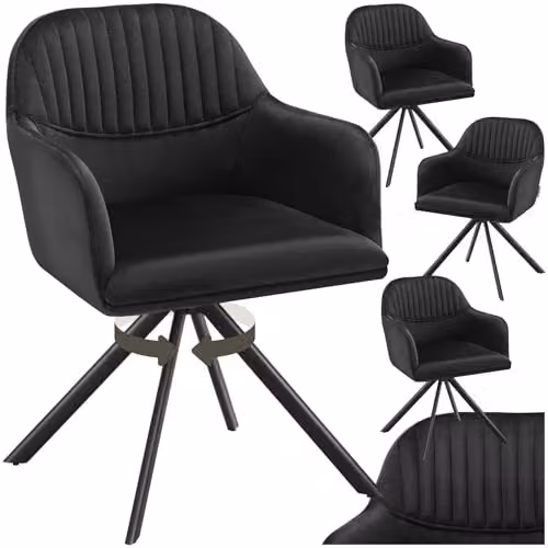 tectake Set of 4 Black Velvet Swivel Dining Chairs with Armrests and Steel Legs – 1