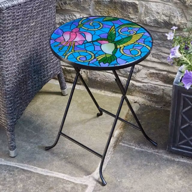Garden Mile Multicolour Floral Art Nouveau Hummingbird Garden Table in Blue and Metal and Glass