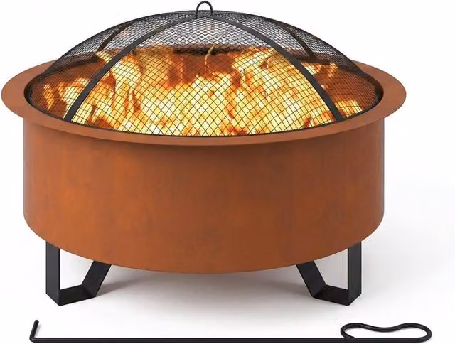 Teamson Home Brown Steel Outdoor Garden Fire Pit with Spark Guard, Diameter: 66 cm