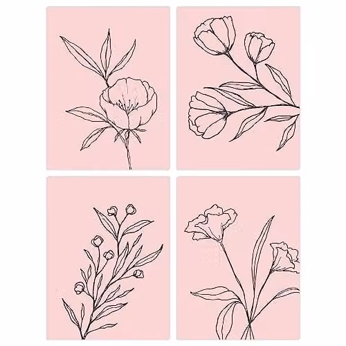 Wee Blue Coo Set of 4 Minimalist Wildflower Outline Wall Art Prints, Black on Pastel Pink, A4 Unframed Paper Posters