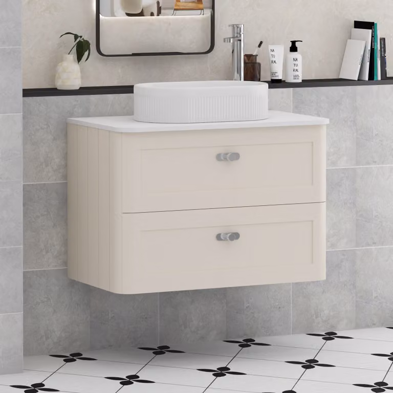 Royal Bathrooms Henley 800mm Wall Hung Vanity Unit in Mushroom Cashmere with 2 Drawers, Plain White Worktop, Lyon Basin and Chrome Knob
