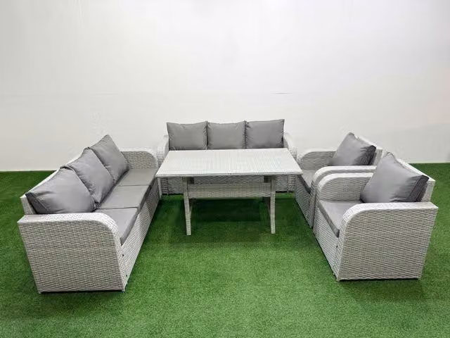 Fimous PE Rattan High Back Lounge Sofa and Rectangular Dining Table Set with 3 Seater Sofa and Reclining Chair in Light Grey