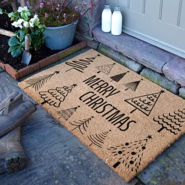 Artsy Mats Merry Christmas Tree Pattern Coir Doormat, Brown, W: 90 cm, D: 60 cm