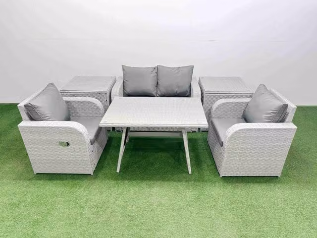 Fimous Modern Light Grey PE Wicker Rattan Garden Furniture Set with Reclining Chair and Sofa