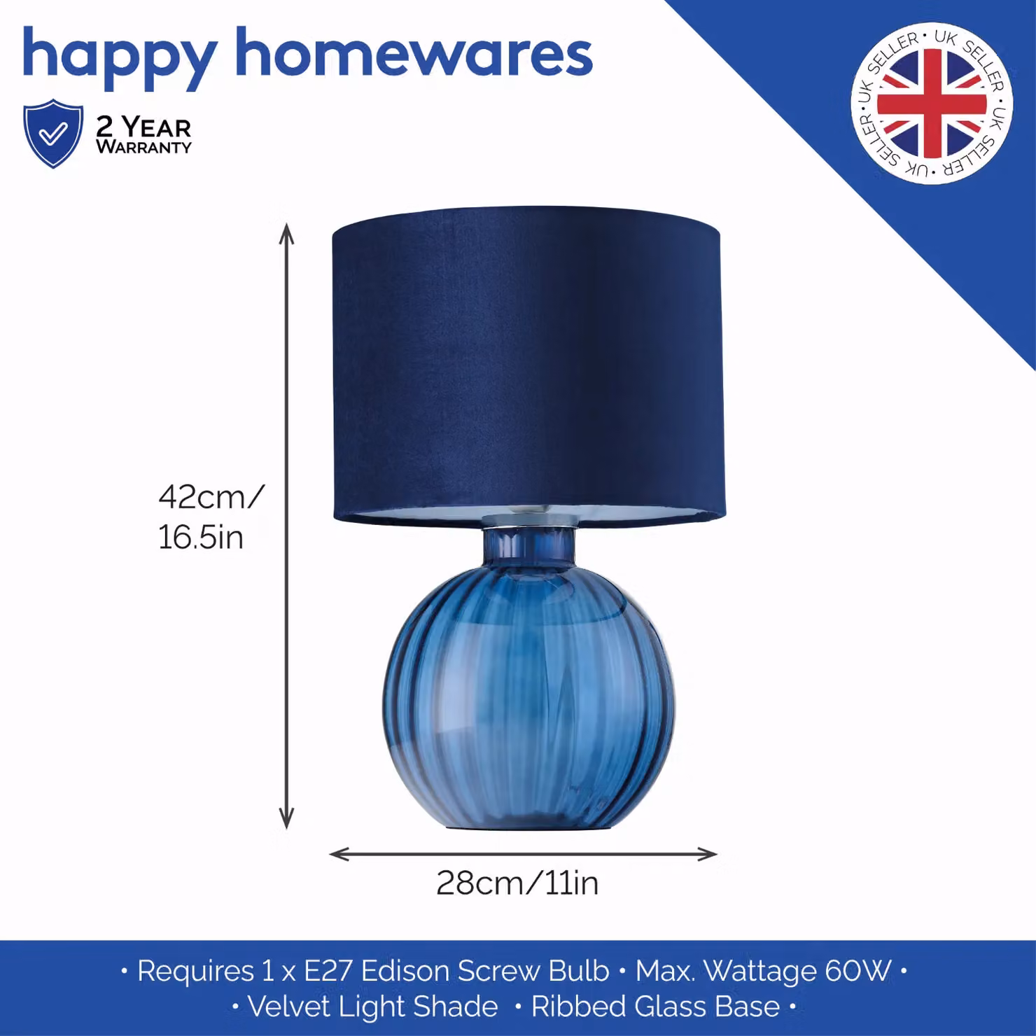 Happy Homewares Contemporary Ribbed Glass Table Lamp with Blue Velvet Fabric Shade – 4