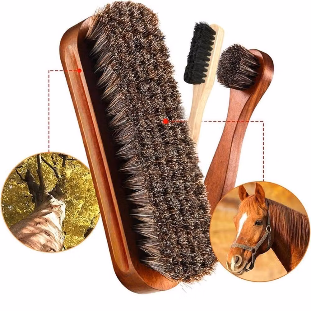 VOGREX 3-Piece Horsehair Shoe Brush and Microfibre Cloth Set in Brown – 3