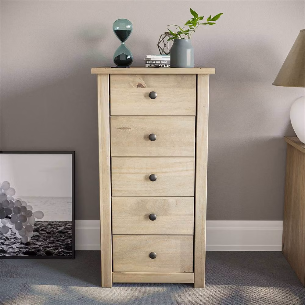 FLAVORA Narrow 5 Drawer Chest of Drawers in Natural Rustic Pine Wood – 2