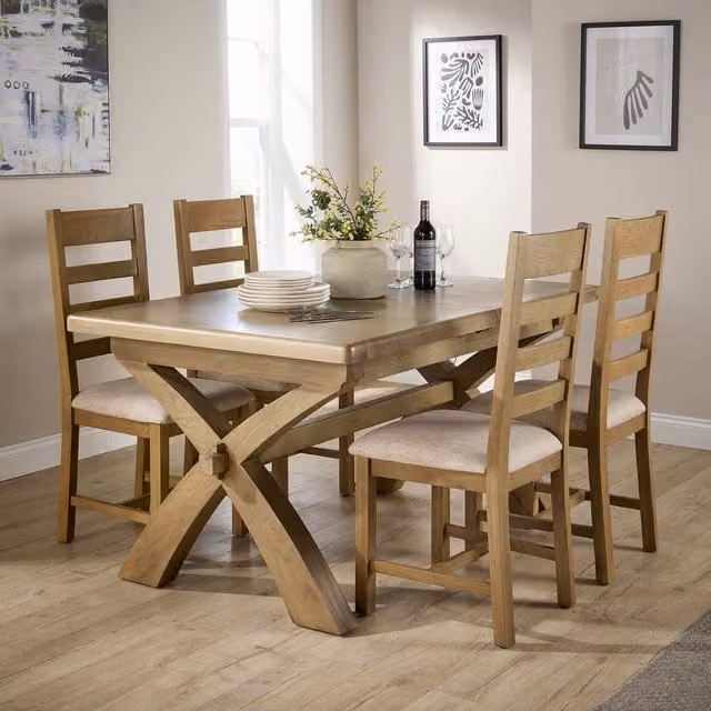 Home Source Bentley Oak Extending 2m Rectangular Dining Table and 4 Beige Upholstered Solid Oak Chairs Set