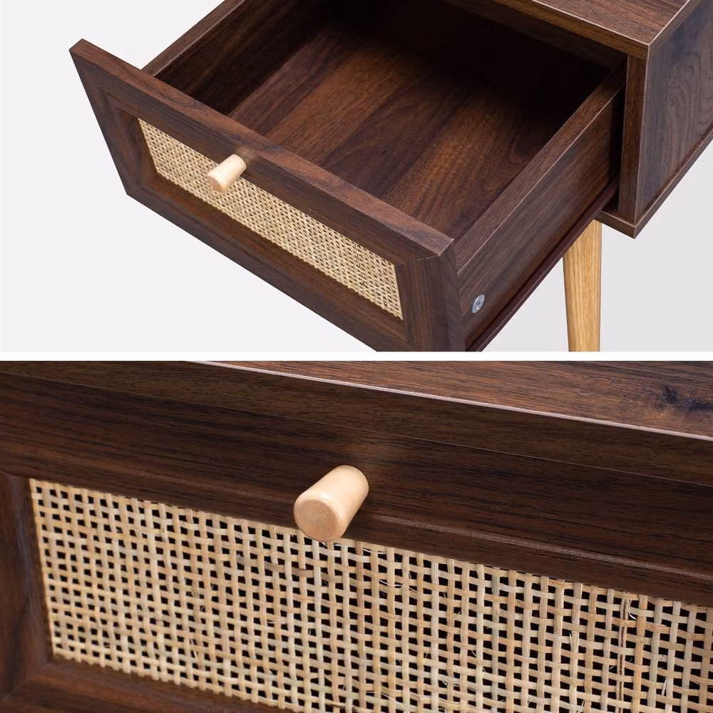 Sweekeek Pair of Woven Rattan Bedside Tables with Drawer in Dark Brown – 3