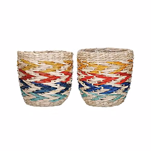 KitchenCraft Set of 2 Striped Seagrass Plant Baskets in Multicolour and Beige, W/D/H: 11 x 11 x 11 cm – 1