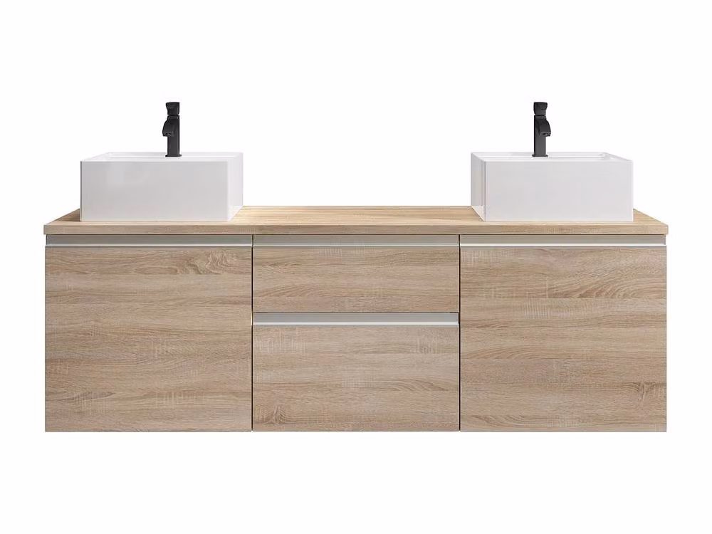 Vente-unique Modern Wall-Mounted Double Basin Bathroom Vanity in Light Oak, W: 150 cm, D: 50 cm, H: 46 cm – 2