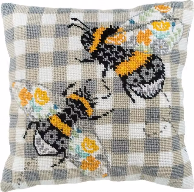 Trimits Gingham Bees Half Stitch Cushion Kit in White and Multicolour Cotton, W/D/H: 40 x 40 x 40 cm