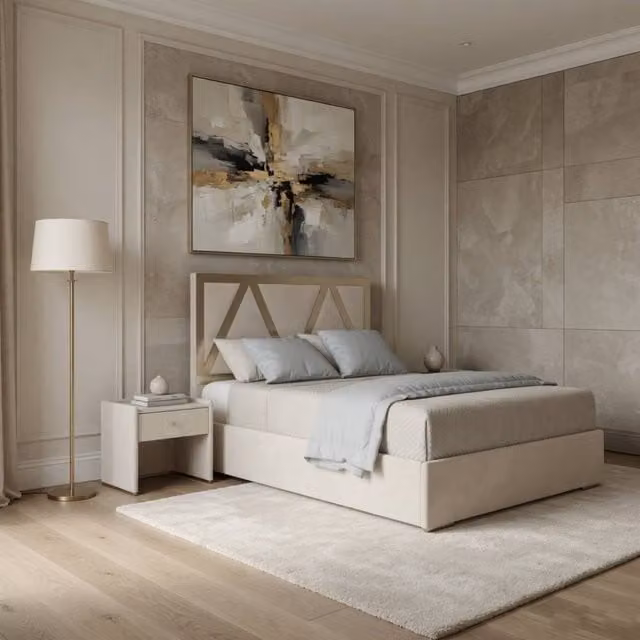 Casani Warrington Upholstered Velvet Designer Bed Frame in Beige, W/D/H: 140 x 200 cm – 1