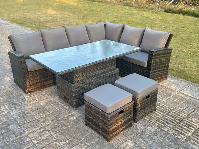 Fimous 8 Seater High Back Rattan Corner Sofa Set with Adjustable Rising Table in Dark Grey