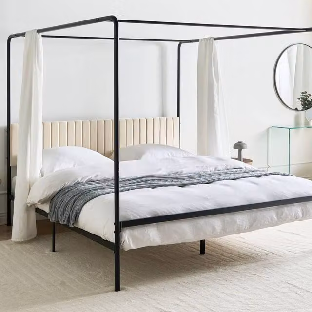 Wyld and Coco Luxe Canopy Bed in Black Metal with Upholstered Headboard, W/D/H: 180 x 200 x 170 cm – 1