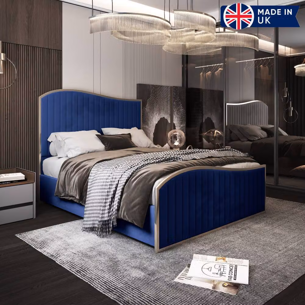 KDMD Hythe Blue Velvet Upholstered Metal Designer Bed Frame, W/D/H: 120 x 137 x 128 cm – 3